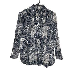 Talbots Petites Women’s Blouse Blue White Paisley Button Long Sleeve Excellent!